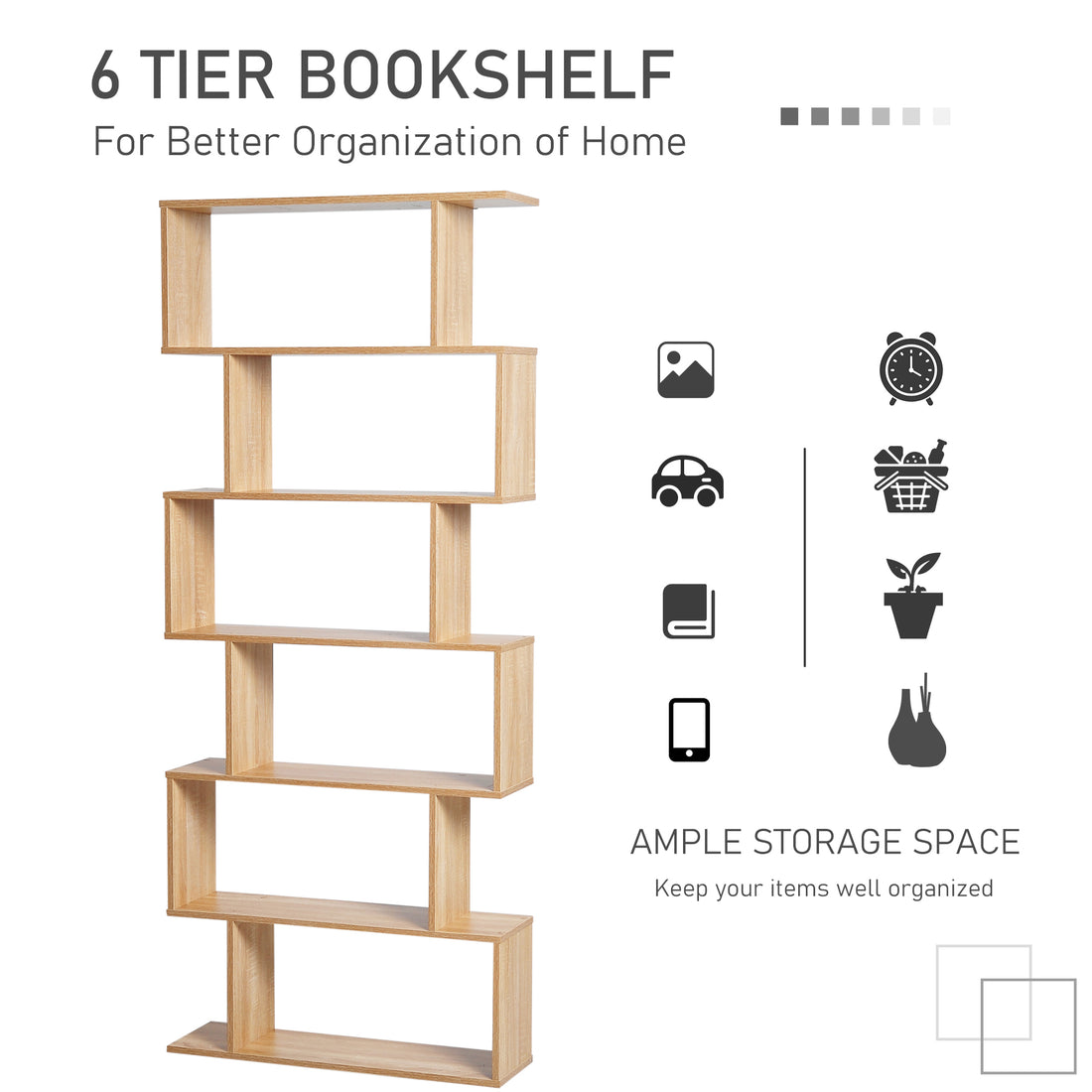 Bookcase 6 Shelf S-Shaped Bookshelf