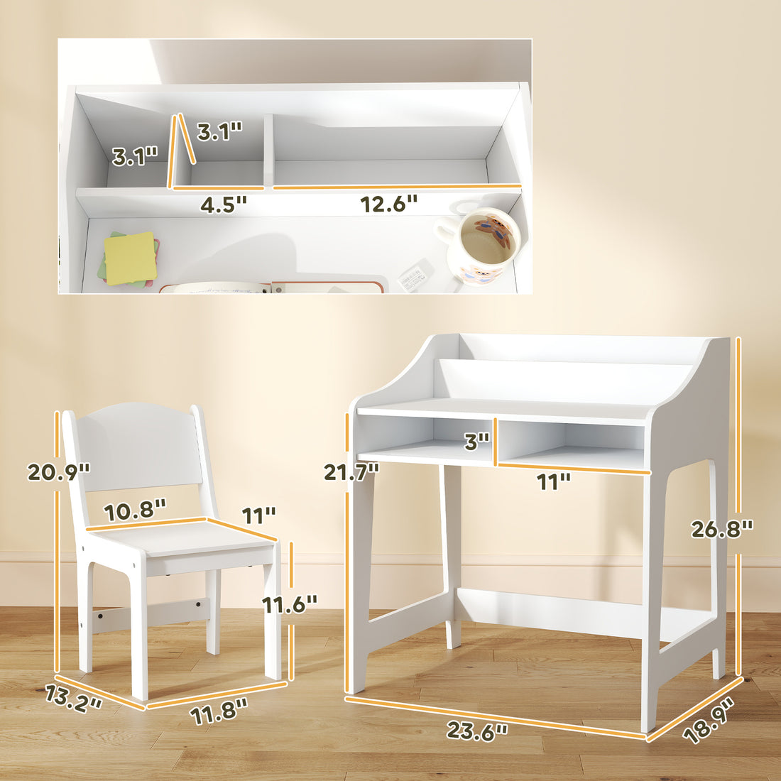 Kids Desk and Chair Set with Storage and Shelves, for Bedroom & Study Room, Gift for 3-8 Years Old, White